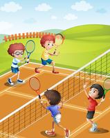 Barn som spelar tennis på domstolen vektor
