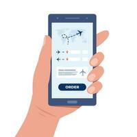 Hand halten Telefon mit Flug Tickets online Buchung Konzept. Kauf Fahrkarte mit Smartphone. Buchung Flüge Reise. Kaufen Fahrkarte online. online Anmeldung. Vektor Illustration.