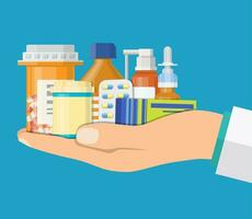 medizinisch Tabletten und Flaschen im Hand von Arzt vektor