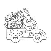 Ostern Färbung. Vektor Illustration mit ein Hase Wer Fahrten im ein Auto und trägt Ostern Eier.