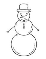 niedlicher Schneemann mit Hut und Fliege isoliert auf weißem Hintergrund. handgezeichnete Vektorgrafik im Doodle-Stil. perfekt für Urlaubs- und Weihnachtsdesigns, Karten, Logos, Dekorationen. vektor