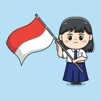 söt junior hög skola studerande flicka innehav indonesiska flagga chibi söt vektor