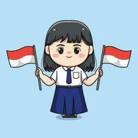 süß Junior hoch Schule Schüler Mädchen halten indonesisch Flagge Chibi kawaii vektor