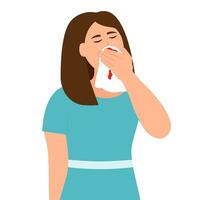 kvinna innehav vävnad eller näsduk och avtorkning blod av henne näsa. näsa blödning symptom. vektor illustration