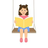 Lycklig unge läsning bok medan Sammanträde på gunga. barn läsare njuter litteratur. vektor illustration isolerat på vit bakgrund