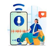 podcast -strömningskoncept i modern platt design. kvinna med hörlurar njuter av podcast eller lyssnar på musik med mobilappen. värd som talar i mikrofon på live radioshow. vektor illustration