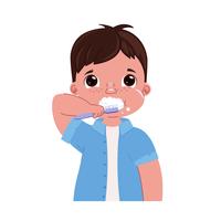Söt pojkeborste borstar tänderna på morgonen. Daglig rutin. Tandhygien. Vektor tecknad illustration