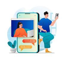 videochattkoncept i modern platt design. man och kvinna kommunicerar via videosamtal och korresponderar i messenger på mobiltelefon. online -kommunikation med vänner eller familj. vektor illustration