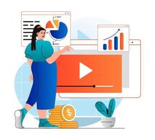 videomarknadsföringskoncept i modern platt design. kvinna skapar videoinnehåll, publicerar det och lockar publik, analyserar kanalstatistik. framgång online marknadsföringsstrategi. vektor illustration