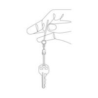hand innehar de nycklar i kontinuerlig ett linje teckning. hus nyckel enkel linje konst vektor design