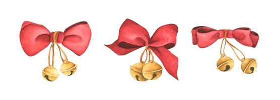 julpynt - röda band och klockor. akvarell illustration. vektor