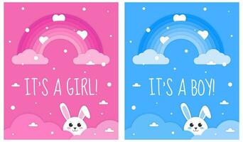 es ist ein Mädchen, es ist ein Junge Karte. einstellen von Einladung Karte zum Baby Neu geboren Feier mit Karikatur Kaninchen, Wolken und Regenbogen. Papier Schnitt Stil. Rosa und Blau Hintergrund. Vektor Illustration