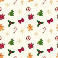 jul sömlös mönster med järnek bär, julstjärna blomma, pepparkaka, ornament, snöflingor. vektor bakgrund med jul dekoration illustrationer