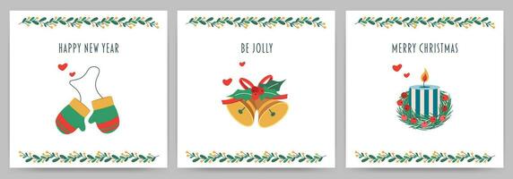 Postkarte mit Text glücklich Neu Jahr, fröhlich Weihnachten, glücklich Urlaub, Glocke, Handschuh, Kerze. vektor