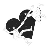 asiatisk par kärlek på först syn svart och vit 2d illustration begrepp. koreanska pojkvän flickvän tecknad serie översikt tecken isolerat på vit. romantisk drömmande liknelse svartvit vektor konst