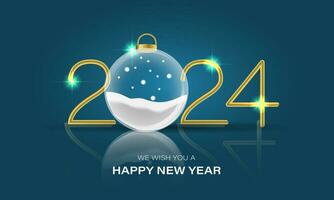 glücklich Neu Jahr 2024 Gold Nummer Sterne Glas Ball Kreis auf Blau Luxus Design zum Urlaub Festival Feier Countdown Hintergrund Vektor