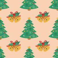 jul mönster med träd med dekorationer, klocka. vektor