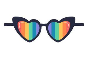 Herz geformt Sonnenbrille mit Regenbogen Linse. Stolz lgbt Brille. eben Vektor Illustration.