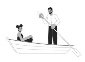 afrikanisch amerikanisch heterosexuell Paar auf romantisch Boot Reiten schwarz und Weiß 2d Linie Karikatur Figuren. Liebeskummer Lieblinge isoliert Vektor Gliederung Personen. Romantik monochromatisch eben Stelle Illustration