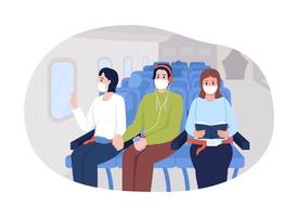 flygplan resa post covid 2d vektor isolerad illustration. passagerare sitter i ansiktsmasker platta tecken på tecknad bakgrund. efter pandemiska säkerhetsregler för transport färgglada scen