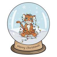 Weihnachtskristallkugel mit Winterlandschaft, Tiger mit bunter Girlande. Vektor-Illustration isolierten weißen Hintergrund im Cartoon-Stil. vektor