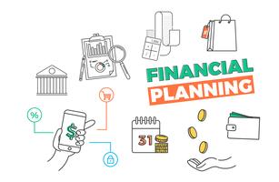 Finansiell planering banner. App för din budget, bank, skuld. Vektorlinjekonst illustration vektor