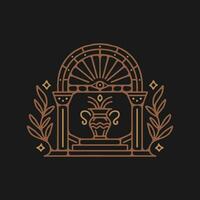 mystisches sonnentürlogo, antiker bogenarchitektureingang und treppenhausikone, mit tür, fenster und palmen im zeitgenössischen ästhetischen boho-stil vektor