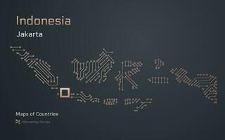 Indonesien Karte mit ein Hauptstadt von Jakarta gezeigt im ein Mikrochip Muster mit Prozessor. E-Government. Welt Länder Vektor Karten. Mikrochip Serie