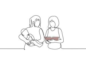 Frauen sind Stehen nahe, einer ist halten ein Kind und beide sind suchen beim ein Buch - - einer Linie Kunst Vektor. Konzept Frauen sind trainiert zu nehmen Pflege von Kinder, Lesben Familie mit Baby vektor