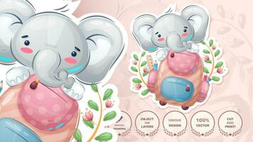 klistermärke tecknad serie karaktär förtjusande elefant med en portfölj, Söt djur- aning för skriva ut t-shirt, affisch och barn kuvert, vykort. söt hand dragen stil elefant. vektor