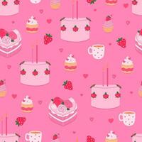 sömlös mönster med rosa desserter, muggar och jordgubbar. vektor grafik.