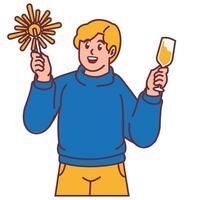 en man fira fest innehav fyrverkeri och glas av champagne vektor