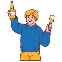 ein Mann feiern Party und halten Glas von Champagner mit Flaschen vektor