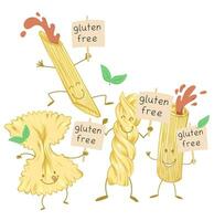 Pasta Essen, süß Karikatur Charakter mit Schild Kartell Gluten kostenlos Satz. Vektor Illustration
