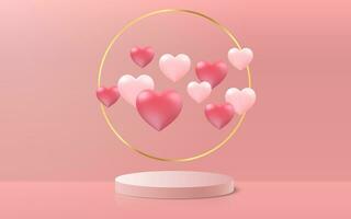 podium och hjärtan. valentine dag produkt 3d plattform, gyllene ringa med röd och rosa hjärta former. bröllop romantisk kort, ge bort vektor baner