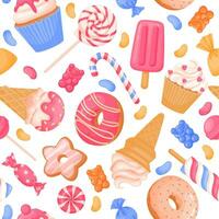nahtlos Süßigkeiten Muster. Karikatur Dessert Hintergrund, Essen Gebäck Hintergrund, Krapfen, nett Cupcake, Eis Sahne Textur, Süßigkeiten und Plätzchen drucken. Vektor Illustration