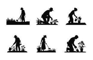 Gartenarbeit Menschen Silhouetten Vektor Satz, Gärtner Silhouette schwarz Clip Art bündeln