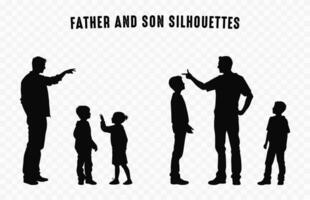 schwarz Silhouetten von ein Vater mit Kinder, Papa mit Sohn Silhouette Vektor einstellen