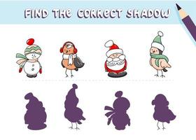 Finde den richtigen Schatten. süße Weihnachtsdesign-Charaktere. Lernspiel für Kinder. vektor