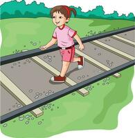 ein Mädchen Gehen auf das Eisenbahn Spur Vektor Illustration