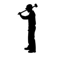 Silhouette von ein Arbeiter im Aktion Pose mit seine Schlitten Hammer Werkzeug. vektor