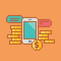 pixel telefon med mynt och pengar vektor
