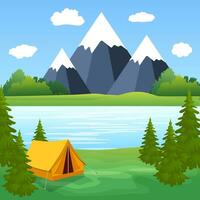 tält camping turist skog berg expedition vektor