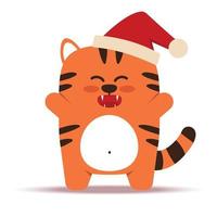 süße kleine orange Tigerkatze im flachen Stil. das symbol des chinesischen neuen jahres 2022. tier mit einer weihnachtsmütze. der fröhliche Tiger steht. für Banner, Kinderzimmerdekoration. Vektor-Illustration. vektor