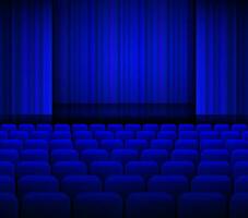 öppen teater blå gardiner med ljus och säten. vektor