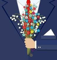 tecknad serie affärsman hand innehav bukett blommor vektor