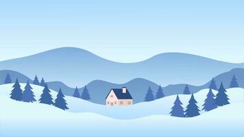 einfach Winter Landschaft Illustration, Vektor Hintergrund mit das Winter Schnee Thema, eben Design Stil, Vektor Illustration von Berg, Haus, und Kiefer Bäume