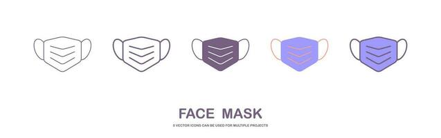 Hygiene und Schutz Schutzmaske Symbol einstellen mit Atemwege Gesicht Masken. Gesicht Maske mit 5 anders Stile. Gliederung Stil vektor