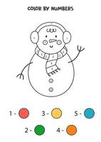 färg söt tecknad snögubbe med siffror. arbetsblad för barn.