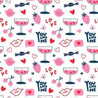 Rosa Gekritzel Liebe nahtlos Muster zum Valentinsgrüße Tag. Hand gezeichnet Cocktail, Herzen, schön Briefe, Erdbeere, Süßigkeiten, Kirsche, Lippen, Küsse im minimal Stil. Vektor süß Hintergrund, wiederholen Hintergrund